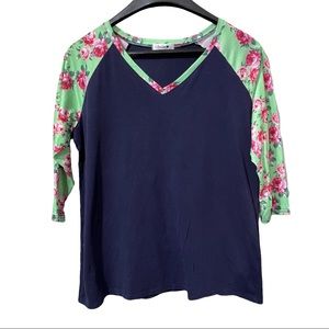 F Shop 365 Women’s Navy Contrast Green Pink  Floral 3/4 Sleeves T-Shirt Size XXL